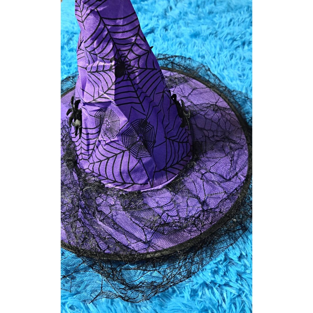 Halloween Witch Hat Purple/Black Spiderweb Pattern w/ Black Tulle, One Size